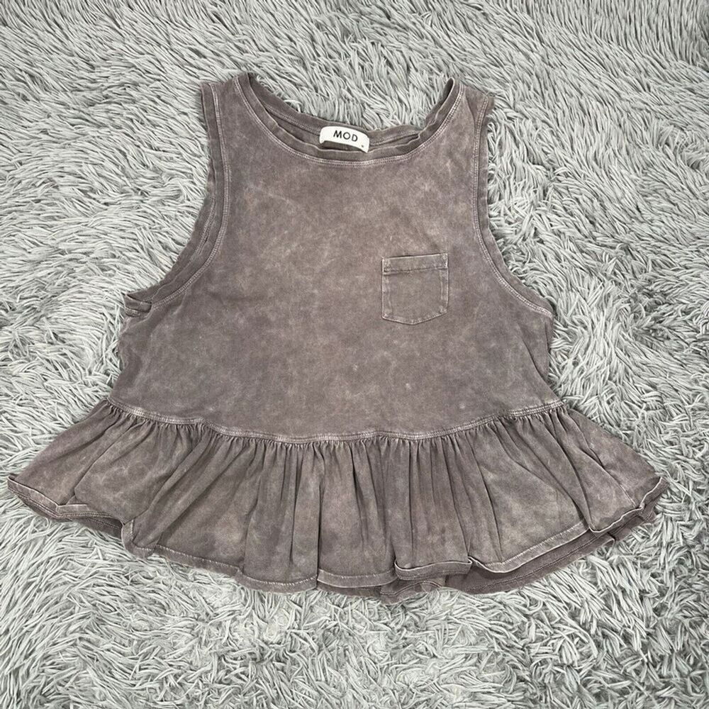 MOD Womens High Neck Sleeveless Ruffle Peplum Top Size Medium Pocket Tank Blouse